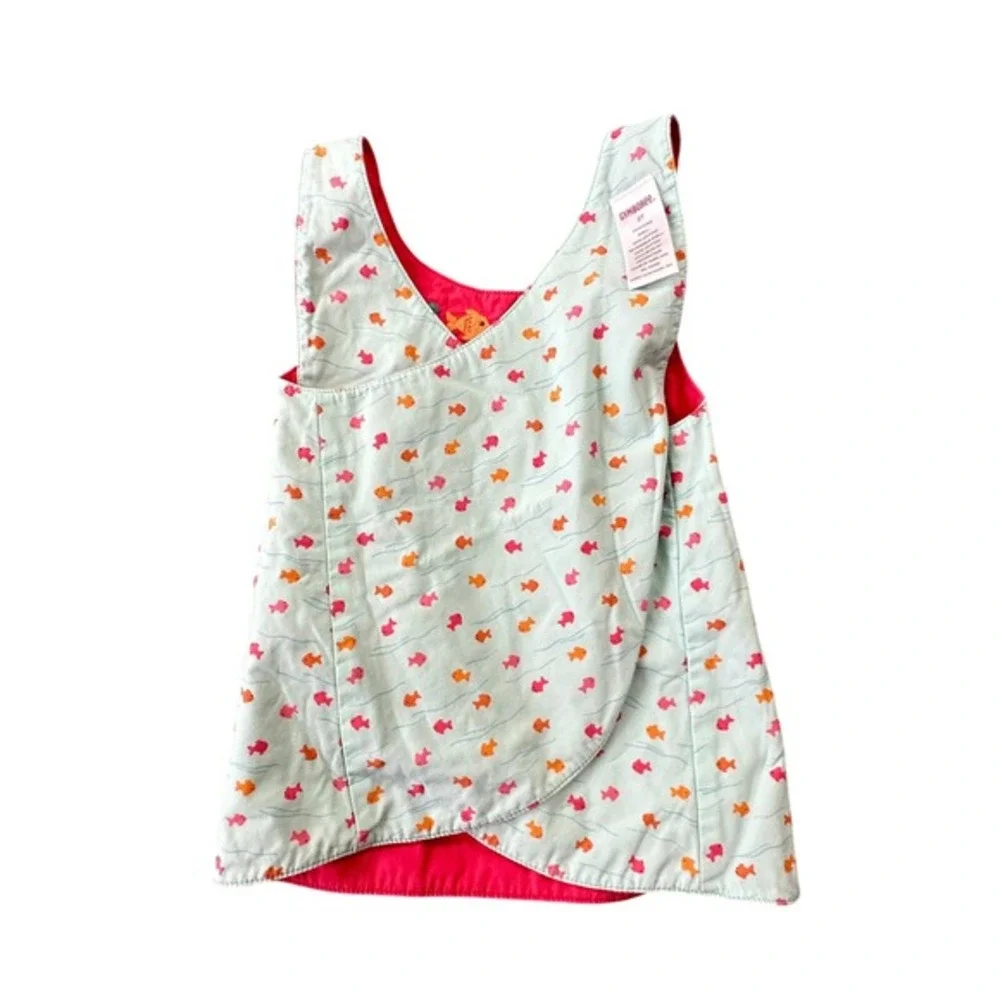 Gymboree 2T Reversible Pinafore Dress Coral Red Fish Floral Embroidery Cotton‎